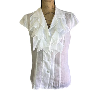 Etcetera 女式白色荷叶边上衣袖透明亚麻棉衬衫,尺寸 S/M — 第 1/4 张图片