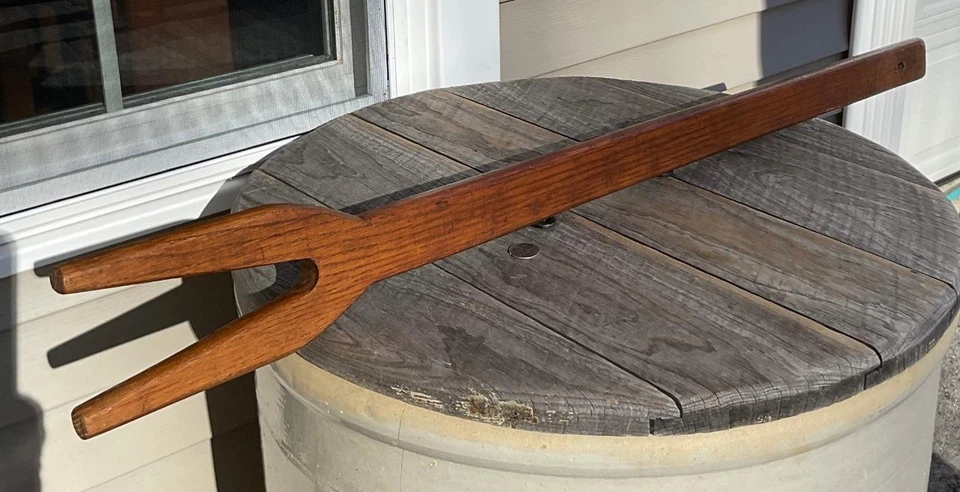 Vintage Long Wooden Laundry Fork Stirring Stick Hang Hole Dark Wood Tone 37.75"L - Image 1 of 1