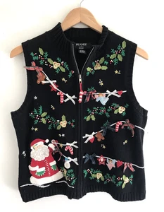 Vintage Planet & Company Christmas Sweater Vest Full Zip Santa Sz Petite Large - Picture 1 of 7