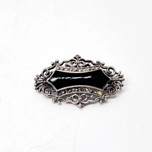 Vintage Art Deco Sterling Silber 925 schwarzer Onyx und Markasiten Brosche Anstecknadel verziert - Bild 1 von 6