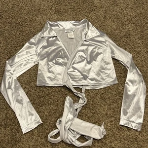 Vintage Jazz Sport Silver Glitter Tie Front Cropped Top Y2K Women M A35 - Picture 1 of 4