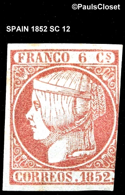 ESPAÑA 1852 SC 12 REINA ISABELLA II ROSA 6c COMO NUEVA SIN GOMA (RESTO DE BISAGRA) FINA Foto 1 de 2