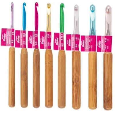 8 Susan Bates Silvalume Bamboo Handle Aluminum Crochet Hook Size G,H,I,J,K,L,M,N