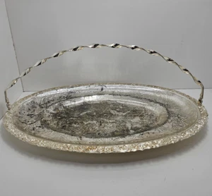 Vintage Etched Silver Plated Swing handle sandwich serving dish tray 15" - Picture 1 of 11