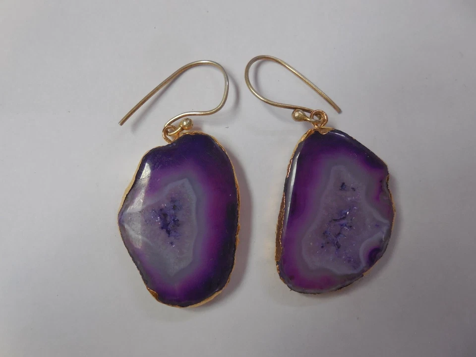 Druzy Slice Earrings Gold Plated Gemstone Lavender Earring Agate Fashion Jewelry - Image 1 of 3