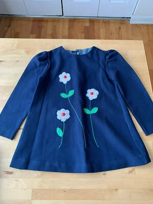 Vintage 1970s Girl's Smock, Tunic, Blouse, Navy Twill, Flowers, Button Back - Image 1 of 4
