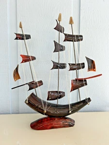 Vintage Hand Carved Bull Horn Sailing Ship Decorative Piece Nautical Decor - Picture 1 of 22