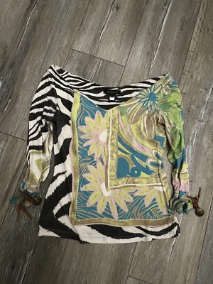 Винтажный Roberto Cavalli SS 2004 зеленый пэчворк печать шелк/хлопок блузка L/Xl - Изображение 1 из 4