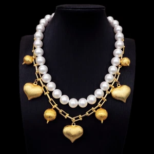 2 Strands White Sea Shell Pearl Gold Plated Brushed Heart Charm Chain Necklace - Picture 1 of 8