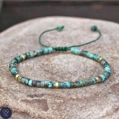 African Turquoise Minimalist Bracelet, Adjustable 2x4mm Beaded Bracelet, Yoga - Image 1 of 4