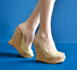 MIU MIU Beige Patent Leather Peep Toe Slingback Cork Wedge Sandals, Size 38 - Picture 1 of 13