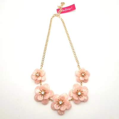 Lilly Pulitzer Pink Flower Statement Necklace Gold Chain Rhinestone Center NWT - Image 1 of 4