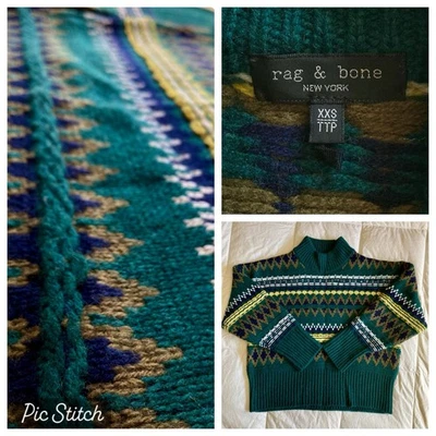 Rag & Bone Willow 100% Wool Knit All Over Fair Isle Sweater XXS Dark Green Multi - Image 1 of 4