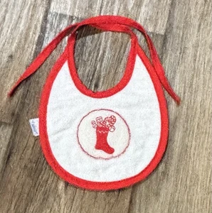 Red Stocking With Squeaker Christmas Vintage Baby Bib Tie Alexis Made In USA - Picture 1 of 3
