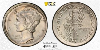 1941-S 10c Mercury Dime Off Center Partial Collar Strike Error Coin PCGS MS61 - Image 1 of 3