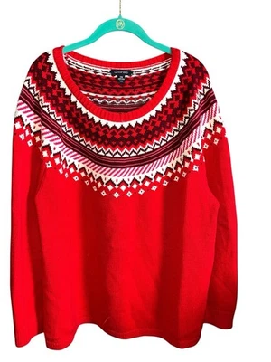 Suéter Lands' End Fair Isle Nordic Holiday Rojo Negro Cuello Redondo Talla 2X Foto 1 de 3