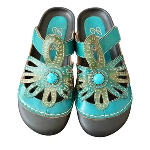 Neu ohne Karton Elite by Corey’s Leder Slipper Clogs Schuhe Damen 8 türkis kunstvoll Boho - Bild 1 von 10