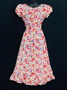 Vintage 1930s-style floral dress, pink red cotton short puff sleeve 1940s midi - Picture 1 of 4