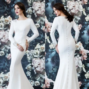 Elegant Mermaid Crepe Long Sleeve Wedding Dress with Crystals Beading Ivory - Picture 1 of 9