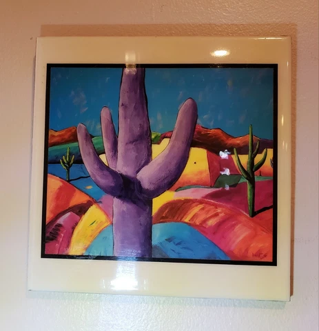EUC Cactus Southwestern Psychadelic Tile Decor Wall Hanging Clay Acid 8×8 Modern Cover