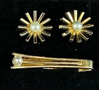 Conjunto de abotoaduras masculinas vintage Anson tom dourado barra de gravata pérola falsa faísca Sunburst - Imagem 1 de 4