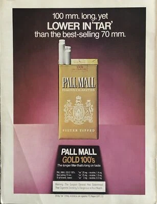 1974 Pall Mall Gold 100s Cigarettes PRINT AD 10mm Long Yet Low Tar VTG 1970s - Image 1 of 4