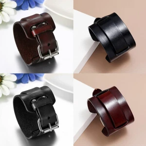 US 1 Pc Men's Punk Wide Genuine Leather Belt Wristband Bangle Cuff Adjustable - Picture 1 of 24