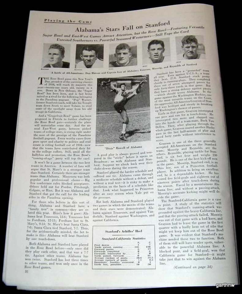 ALABAMA FOOTBALL VS STANFORD 1934 ROSE BOWL VISTA PREVIA PICTÓRICA DON HUTSON Foto 1 de 1