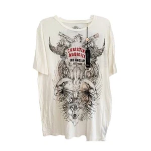 Christian Audigier Cream Bull Skull Wolf Embellished Graphic Tee NWT 2XL - Picture 1 of 7