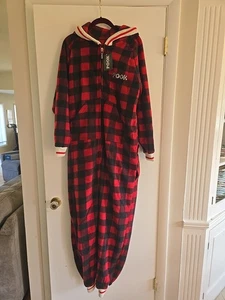 Neu mit Etikett Pook Erwachsene Unisex Einteiler Lounge kariert Po Klappe Kapuze S rot schwarz Taschen - Bild 1 von 14