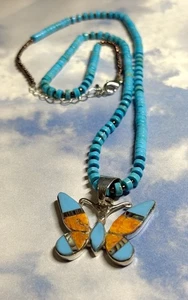 Navajo J Danny Sterling Silver BUTTERFLY 925 Pendant Turquoise Necklace - Picture 1 of 3