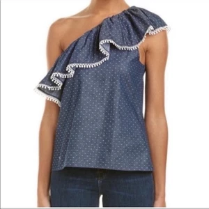Blusa Parker Lunares Cambray Un Hombro Volantes Mujer XS Punto Suizo Azul - Imagen 1 de 8