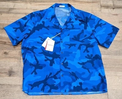 $1050 Para Hombres Valentino Popelina Camisa de Campamento Abotonada Azul Camuflada 52 US XL Foto 1 de 4