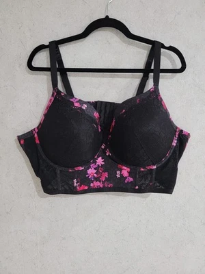 Torrid черный розовый цветочный кружева XO погружения пуш-ап длинная линия бюстгальтер 42DD новый с Ярлыками - Изображение 1 из 4