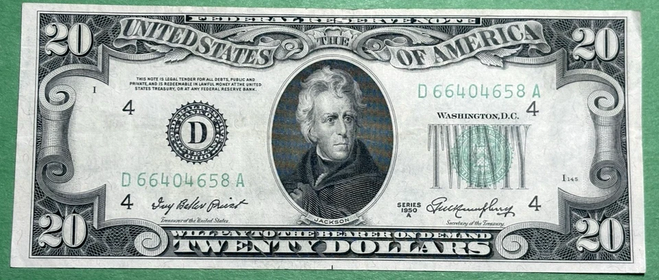 1950 A (Twenty) $20  Dollar  Federal Reserve Banknote - Cleveland, OH Crisp AU - Image 1 of 2