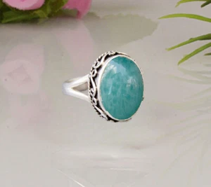 925 Sterling Silver Amazonite Oval Gemstone Dainty Ring Handmade Ring For Women - Picture 1 of 6
