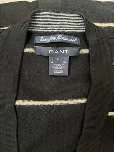 Gant Men’s 100% Extra Fine Merino Wool Black /Beige Stripe Cardigan Size Large - Picture 1 of 12