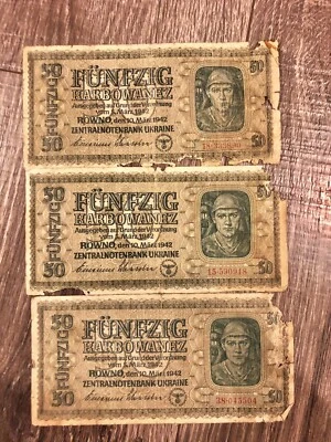 Ukraine 1942 German Occupation 50 Karbowanez. 3 banknotes. Original - Image 1 of 2