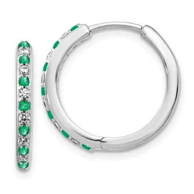 14k White Gold Diamond and Emerald Hinged Hoop Earrings Perfect Gift for Her - Image 1 of 4