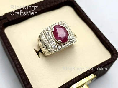 Natural Ruby Stone Mens Ring Handmade Sterling 925 Silver Men Rings Size 11 - Image 1 of 4