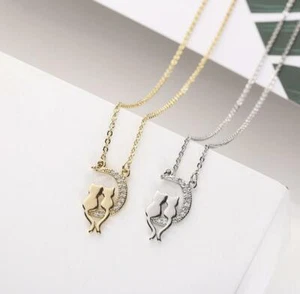 Double Love Cat Moon Silver SP/Gold GP Pave Cubic Zirconia Pendant Necklace - Picture 1 of 3