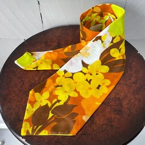 70s Vintage Handmade Yellow Brown Orange Hawaiian Floral Nylon Mens Tie 62x4 - Picture 1 of 4