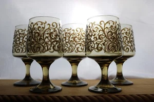 Vintage Prado 5 Water Goblets 10 oz Brown Scrolls on Brown Glass 5 7/8 " - Picture 1 of 5