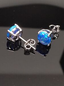 925 Sterling Silver Simulate Blue Fire Opal Stud Earrings Round Solitaire 6.8mm