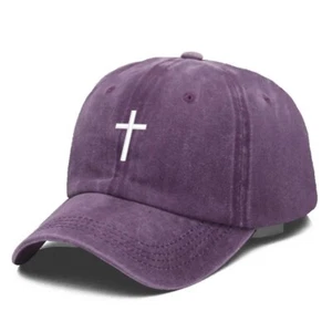 Purple Cross Embroidered Christian Baseball Cap, Washed, Adjustable Hat, Jesus - Picture 1 of 2