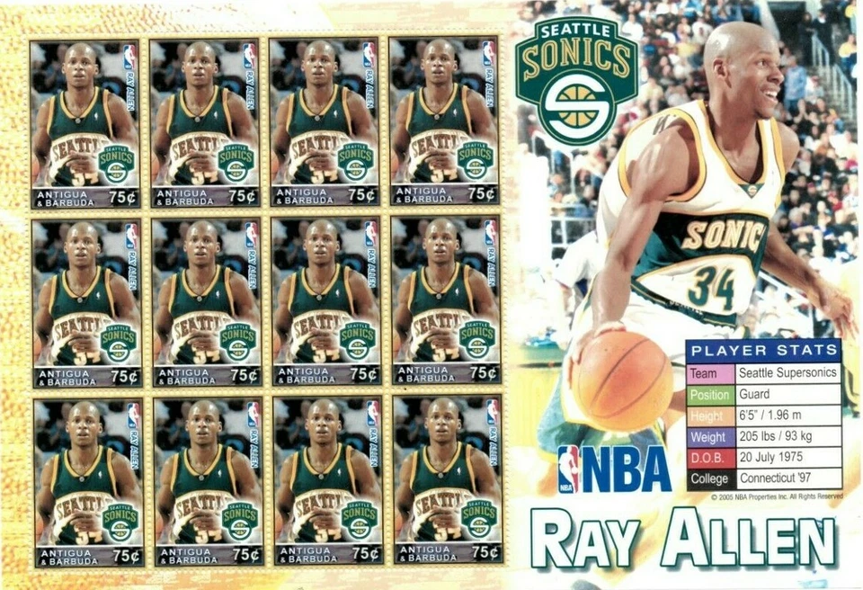 Antigua 2005 - NBA - Ray Allen - Seattle Supersonics - Hoja de 12 estampillas - MNH Foto 1 de 1