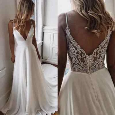 Satin Wedding Dresses Backless Spaghetti Straps Sweep Train Bridal Gowns Custom - Image 1 of 4