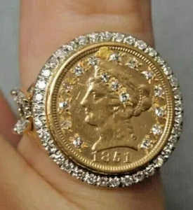 2ct Real Moissanite 1851 Dollar Coin Mens Ring 14K Yellow Gold Plated 925 Silver - Picture 1 of 5