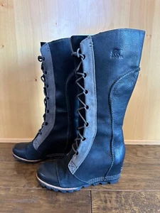SOREL CATE THE GREAT WEDGE 8.5 TALL Black Great Waterproof LACE UP EUC KNEE - Picture 1 of 13