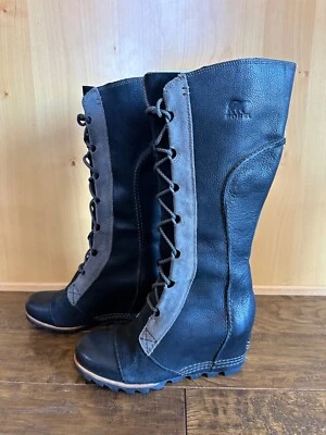 SOREL CATE THE GREAT WEDGE 8,5 ALTO Negro Gran Impermeable CORDONES USADO EN EXCELENTE ESTADO RODILLAS Foto 1 de 4